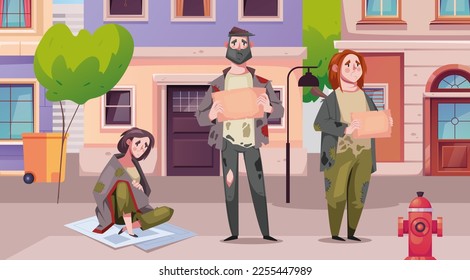 Homeless poor people poverty person on street in desperate. Unemployment jobless trouble concept. Vector design graphic illustration