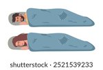 Homeless poor people sleeping on street floor, needy man and woman lying under blankets. Vector illustration