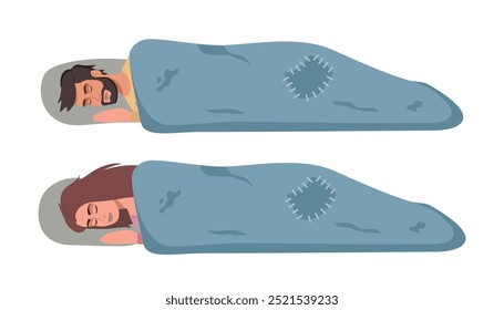 Homeless poor people sleeping on street floor, needy man and woman lying under blankets. Vector illustration