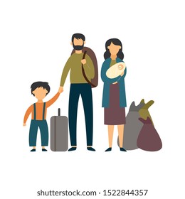 Homeless Poor Or Stateless Refugee Family In Bad Condition Flat Vector Illustration Isolated On White Background. Father, Mother And A Child In Povetry And Crisis.