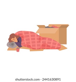 Homeless poor woman sleeping on street floor, needy girl lying under blanket vector illustration