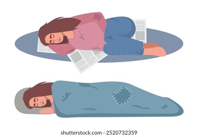 Homeless poor woman sleeping on street floor, needy girl lying on newspapers and under blanket. Vector illustration