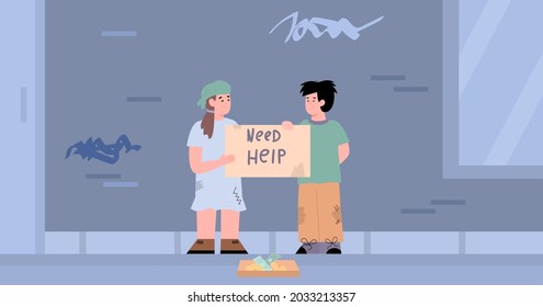 Homeless poverty children in dirty clothes begging on street. Boy and girl from poor family hold sign with inscription need help. Flat cartoon vector illustration.