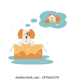 Homeless Puppy In A Box. A Sad Dog Is Waiting For His Adoption By A Caring Family. Vector Flat Illustration For Animal Shelter. 