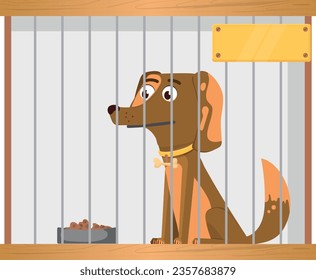 Homeless puppy in metal cage. Cartoon dog shelter