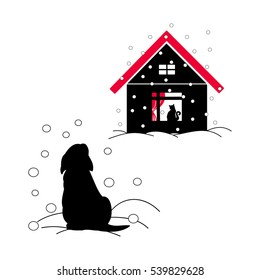 A homeless puppy in the winter in the snow looking at a house with a red roof. The silhouette of a cat on the window. Vector illustration