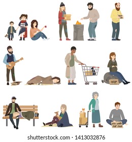 Homeless. Sad jobless people in dirty clothes begging money and needing help. Isolated vector illustration
