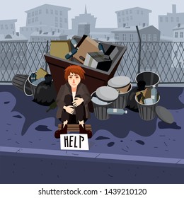 Homeless sad poor person young child beggar wearing dirty clothes character beg help money near the garbage containers. Cityscape background. Vector isolated cartoon style