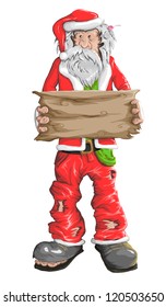 Homeless Santa Claus with an empty plate in his hand. Vector illustration.