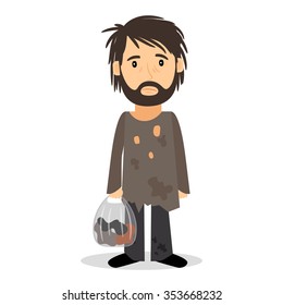 Homeless. Shaggy man in dirty rags and with a bag in his hand. Vector illustration.