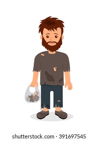 Homeless. Shaggy man in dirty rags and with a bag in his hand. Isolated character bum for infographics