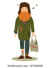 Homeless. Shaggy man in dirty rags, with flies and with a package in his hand. Vector illustration isolated on white background.