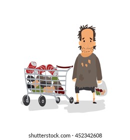 Homeless. Shaggy man in dirty rags and with a bag in his hand with shopping cart. Vector illustration