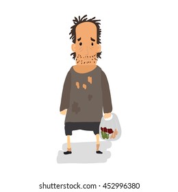 Homeless. Shaggy man in dirty rags and with a bag in his hand. Vector illustration