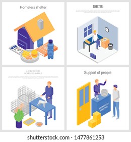 Homeless shelter charity banner set. Isometric set of homeless shelter charity vector banner for web design