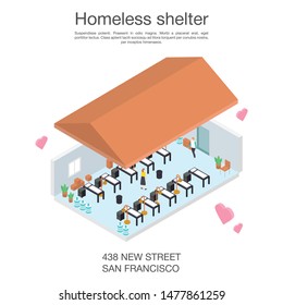 Homeless shelter volunteer concept banner. Isometric illustration of homeless shelter volunteer vector concept banner for web design
