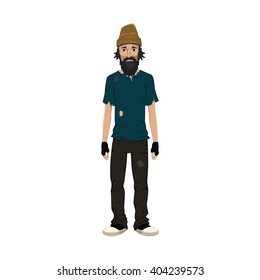 Homeless skinny shaggy man in dirty old clothes. Vector illustration.