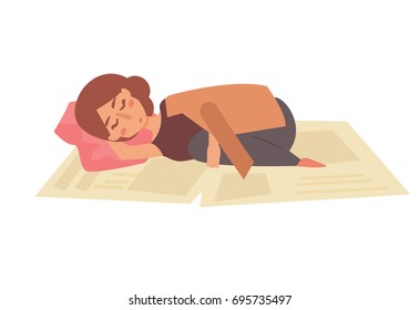 Homeless sleeping on the street on newspapers.  Vector. Cartoon. Isolated art on white background. Flat. 
