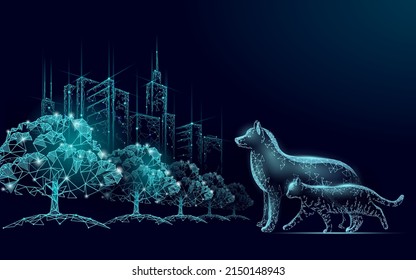 Homeless street animals in the city. Urban stray cat street dogs. Adopt a pet banner. 3D low poly city buildings park landscape vector illustration
