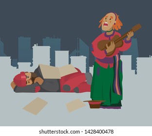 Homeless street musician woman beggar on city street, asking for money and playing guitar. Panhandler, pauper, penury. A lonely beggar bankrupt person in bad cloths and in despair. Vector.