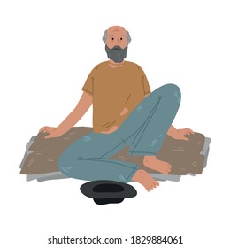 Homeless unshaven old man sitting on ground with hat and asking for coins