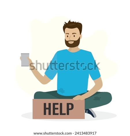 Homeless vagrant man ask for money. Caucasian beggar isolated on white background. Vagabond sitting on floor with donation mug and cardboard. Jobless man need money help. Flat vector illustration