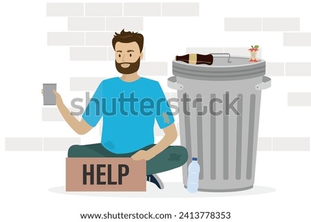 Homeless vagrant man ask for money. Caucasian beggar sitting near trash can. Vagabond holds donation mug and cardboard. Jobless man need money help. Social issues, concept. Flat vector illustration