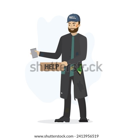 Homeless vagrant man ask for money. Caucasian beggar in torn clothes, isolated on white background. Vagabond holds donation mug and cardboard. Jobless man need money help. Flat vector illustration