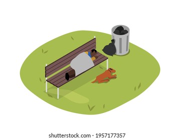 Homeless vector concept. Homeless man sleeping on the bench with a stray dog in the park