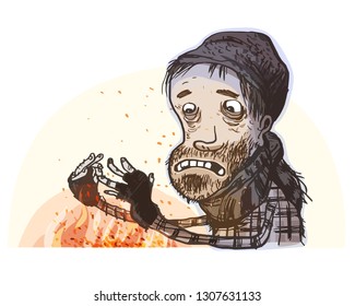 Homeless warms his hands. Vector illustration