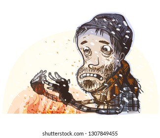 Homeless warms his hands. Vector illustration