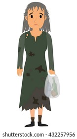 Homeless woman in dirty old clothes whith bag in hand. Vector flat cartoon illustration