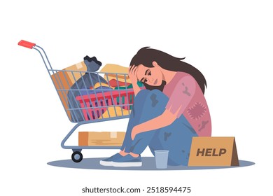 Homeless woman holding banner Help. Trolley cart with belongings near. Bum in ragged clothes sitting on ground begging money. Unemployed character asking support, begging. Vector illustration