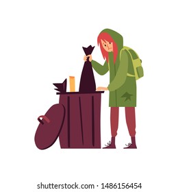 Homeless woman in hoody standing and rummaging in trash can cartoon style, vector illustration isolated on white background. Poor female beggar is looking for food among garbage, poverty concept