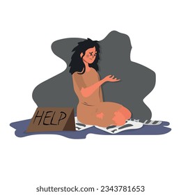 Homeless woman sitting on the floor asking for help, sad poor refugee living on the street. vector illustration.