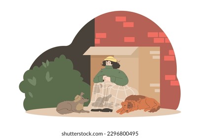 Homeless woman and stray dogs under dirty blanket, flat vector illustration isolated on white background. Sad unhoused person living on street with stray dogs. Concepts of poverty and social problems.