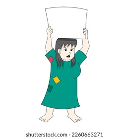 homeless women dressed in rags carrying papers asking for help. vector design illustration art