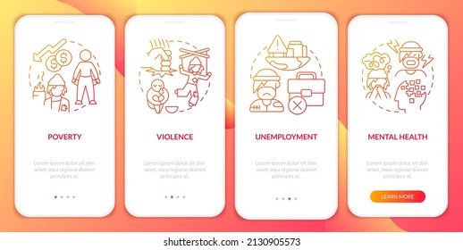 La falta de vivienda causa un gradiente rojo a la pantalla de aplicación móvil. Recorrido 4 pasos de páginas de instrucciones gráficas con conceptos lineales. UI, UX, plantilla GUI. Multitud de tipos de letra Pro-Bold, con uso regular