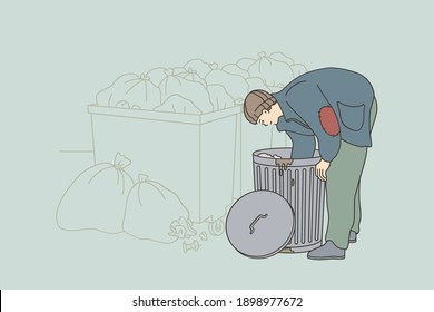 Homelessness and poverty concept. Homeless unemployed man in torn shabby clothes cartoon character searching for food in trash can on streets outdoors vector illustration