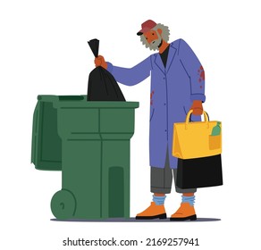 Homelessness and Unemployment Social Problem Concept. Homeless Jobless Poor Man in Old Ragged Clothes Fumble in Trash Searching Something to Eat. City Bum Lifestyle. Cartoon People Vector Illustration