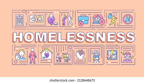 Homelessness word concepts terracotta banner. Experiencing hunger and abuse. Infographics with icons on color background. Isolated typography. Vector illustration with text. Arial-Black font used