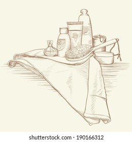 Homeliness and Bath Accessories in Vintage Drawing Illustration