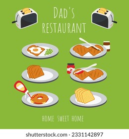homely kitchen menu. fruit jam or toast spread  in toaster pops on plate vector. toasted bagel or Fried egg on Slice bread. concept dad restaurant breakfast flat design. basic food service father home