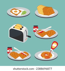 homely kitchen menu. fruit jam or toast spread in toaster pops on plate vector. toasted bagel or Fried egg on Slice bread. concept restaurant home breakfast flat design. basic teasy food service art