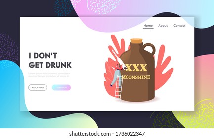 Plantilla de la página de inicio del proceso de cocción de bebidas alcohólicas caseras. Pequeño personaje masculino con medidor de alcohol sobre la carga en enorme jugo con alcohol casero. Tecnología de manufactura. Ilustración del vector de dibujos animados