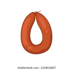 Homemade appetizing sausage rolled into a ring. Vector illustration of meat food in cartoon childish style. Isolated funny clipart of soy sausages on white background. cute print