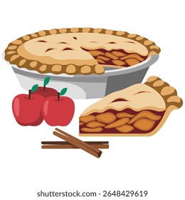 Homemade apple charlotte pie with cinnamon sticks isolated vector illustration on white background
