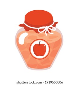 Homemade apple jam in a glass jar. Vector flat cartoon illustration. White background, isolated.