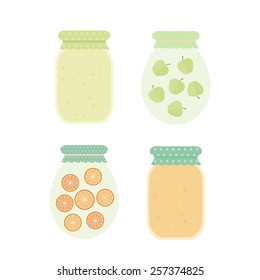 Homemade apple and orange jam in jar. Set of vector isolated elements for design