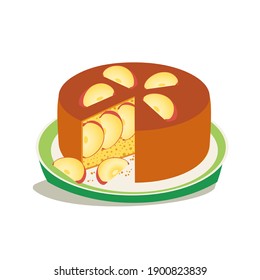 Homemade Apple Pie Slice on plate flat vector icon. Sweet dessert food cute cartoon design element. Baking pies background. Pie-making apple cake recipes, national day holiday celebration illustration